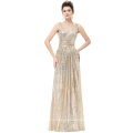 Kate Kasin Sleeveless V-Neck Golden Shining Sequined Long Evening Dress KK000199-1
